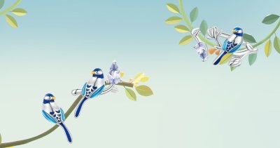 Комплект детски обеци и пръстен от масивно сребро 925 с цветен емайл - Птица