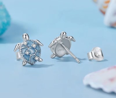 Детски обеци от масивно сребро, проба 925 - Блестящи костенурки